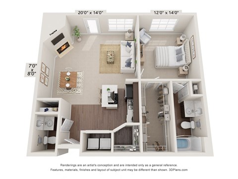 Floor plan for 1 bed, 1.5 baths, 951 sqft
